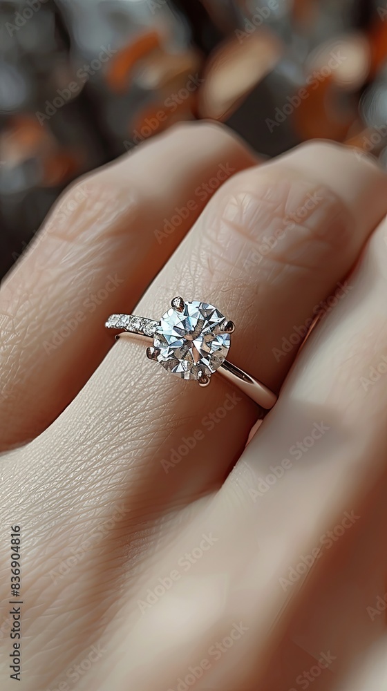 Obraz premium Close-up, female fingers with a beautiful diamond ring, an exclusive and luxurious piece of jewelry.