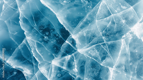 Close-up of the crystal-clear ice of Lake Baikal with visible cracks and air bubbles, showcasing the purity and unique patterns of the frozen lake