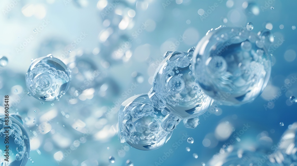 A closeup of transparent water molecules, each with their own unique shape and size, floating in the air against a light blue background. A closeup of transparent water molecules, each with their own unique shape and size, floating in the air against a light blue background.