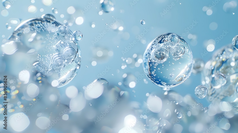A closeup of transparent water molecules, each with their own unique shape and size, floating in the air against a light blue background. A closeup of transparent water molecules, each with their own unique shape and size, floating in the air against a light blue background.