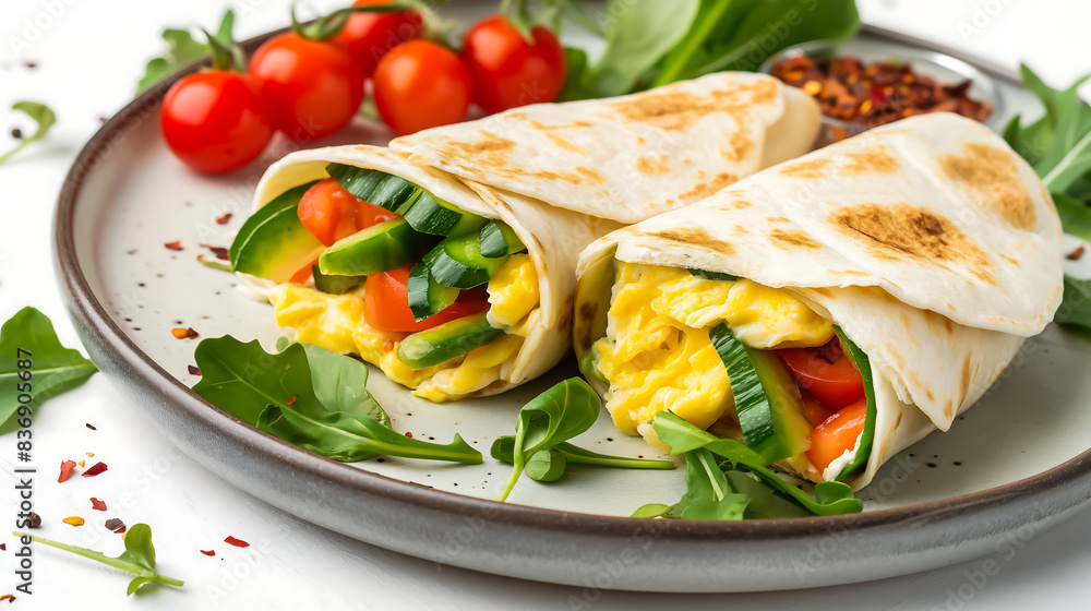 Breakfast vegetarian burrito wrap with omelette and vegetables on a plate. Tortilla wrap sandwich