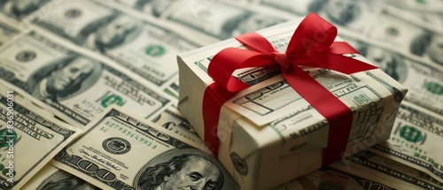 Description: Ultra-sharp vista of money gift adorned with bold red ribbon on bed of hundred dollar