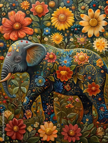 Wallpaper Mural Colorful artistic depiction of an elephant surrounded by vibrant flowers, showcasing intricate details and garden-themed creativity. Torontodigital.ca