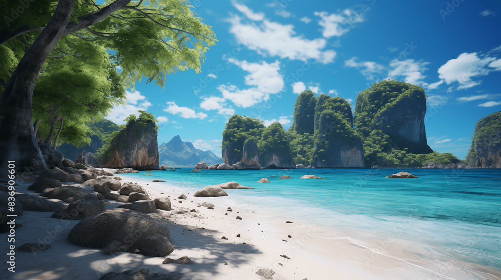 Fototapeta premium Paysage d'une plage paradisiaque de Thaïlande ou de Bali. Eau turquoise, sable fin et blanc. Rocher, falaise et végétation. Vacances, voyage, été, soleil. Pour conception et création graphique.