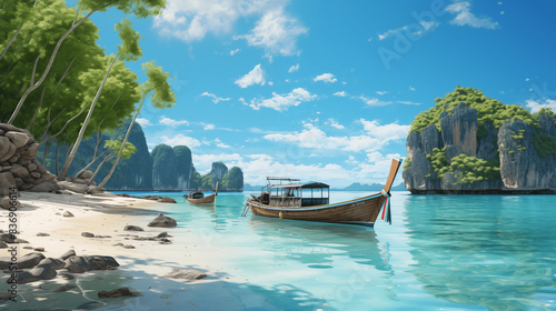 Wallpaper Mural Paysage d'une plage paradisiaque de Thaïlande ou de Bali. Eau turquoise, sable fin et blanc. Rocher, falaise et végétation. Vacances, voyage, été, soleil. Pour conception et création graphique. Torontodigital.ca