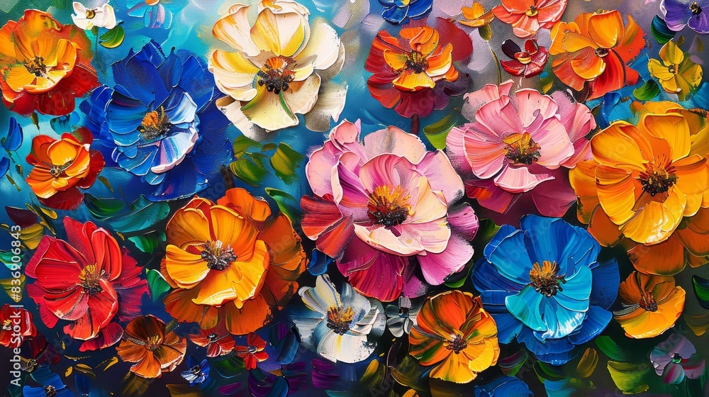 - Sharp focus highlights the intricate brushstrokes and vivid hues of the floral arrangement., A captivating oil painting showcasing a vibrant bouquet of colorful flowers. - Sharp focus highlights the intricate brushstrokes and vivid hues of the floral arrangement., A captivating oil painting showcasing a vibrant bouquet of colorful flowers.