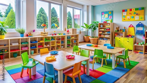 Close-up view of a colorful and playful daycare classroom , daycare center, generative AI, educational, toys, learning, school, preschool, child care, interior, classroom, playtime photo