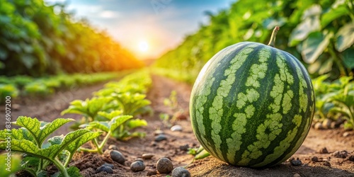 Fresh watermelon in a plantation close-up shot, watermelon, fresh, ripe, juicy, farm, agriculture, fruit, close-up, organic, natural, summer, plant, growth, green, red, harvesting, food photo