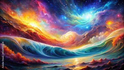 Vibrant waves of color representing the art of the universe , abstract, cosmic, space, galaxy, colorful, vivid, dynamic, artistic, celestial, energy, harmonious, motion, flow, creativity photo