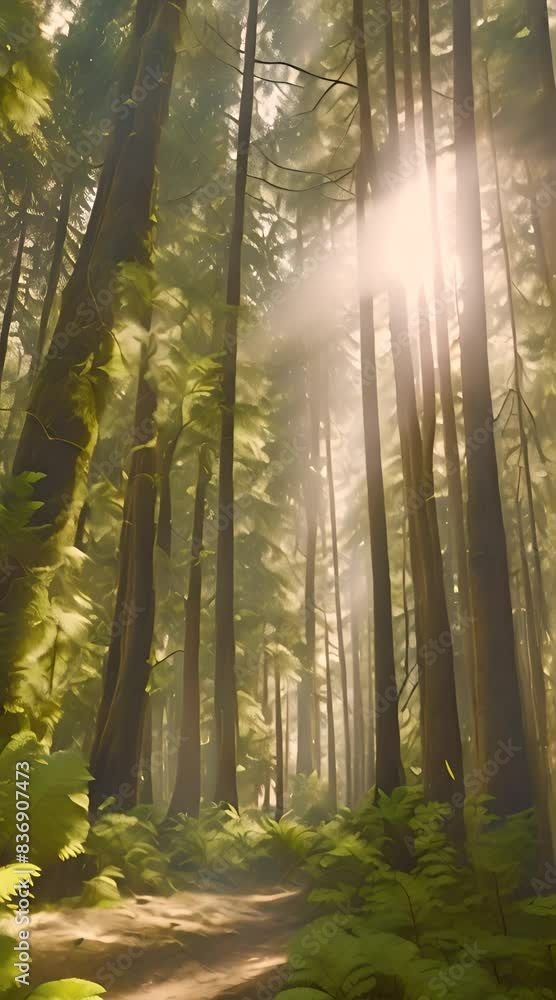 A lush forest filled with tall, majestic Sumatran trees, their green needles shimmering in the sunlight A lush forest filled with tall, majestic Sumatran trees, their green needles shimmering in the sunlight
