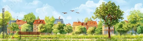 Scenic view of a charming village with lush greenery, colorful houses, and birds flying in the sky on a bright sunny day.