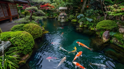 色とりどりの鯉が優雅に泳ぐ池 photo