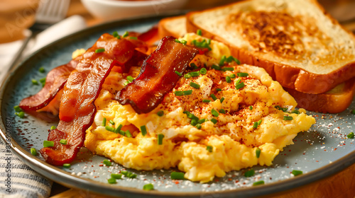 Homemade american scrambled egg breakfast with bacon and toast