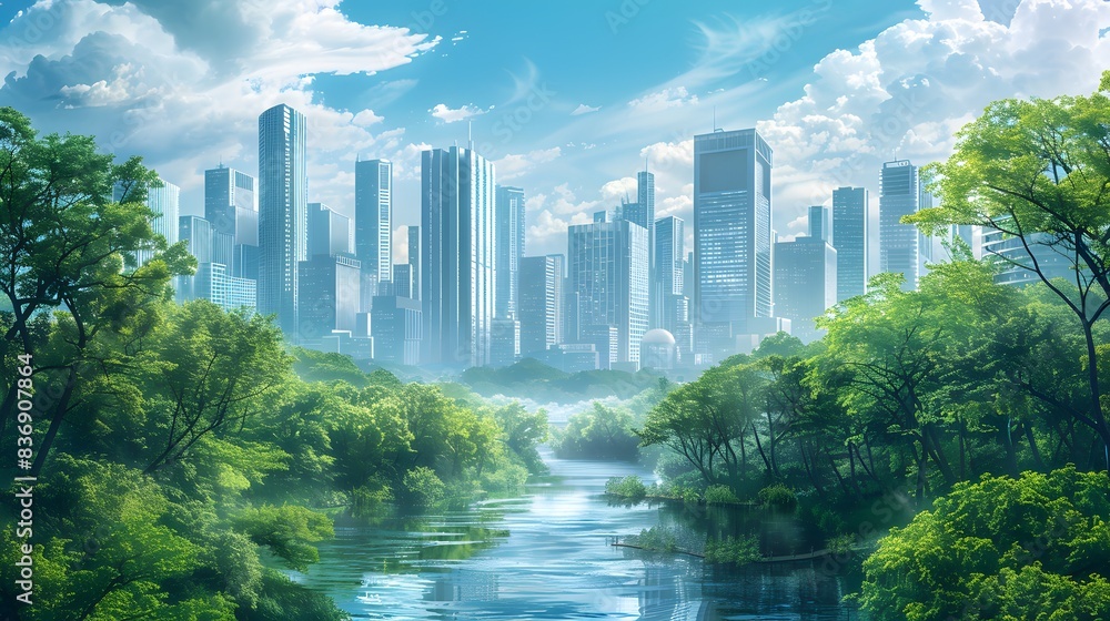 Fototapeta premium A futuristic cityscape with skyscrapers and greenery, symbolizing the balance between urban development and environmental care.