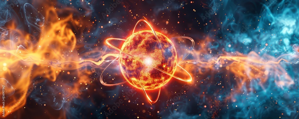 Glowing Star With Orbiting Rings in Space Glowing Star With Orbiting Rings in Space