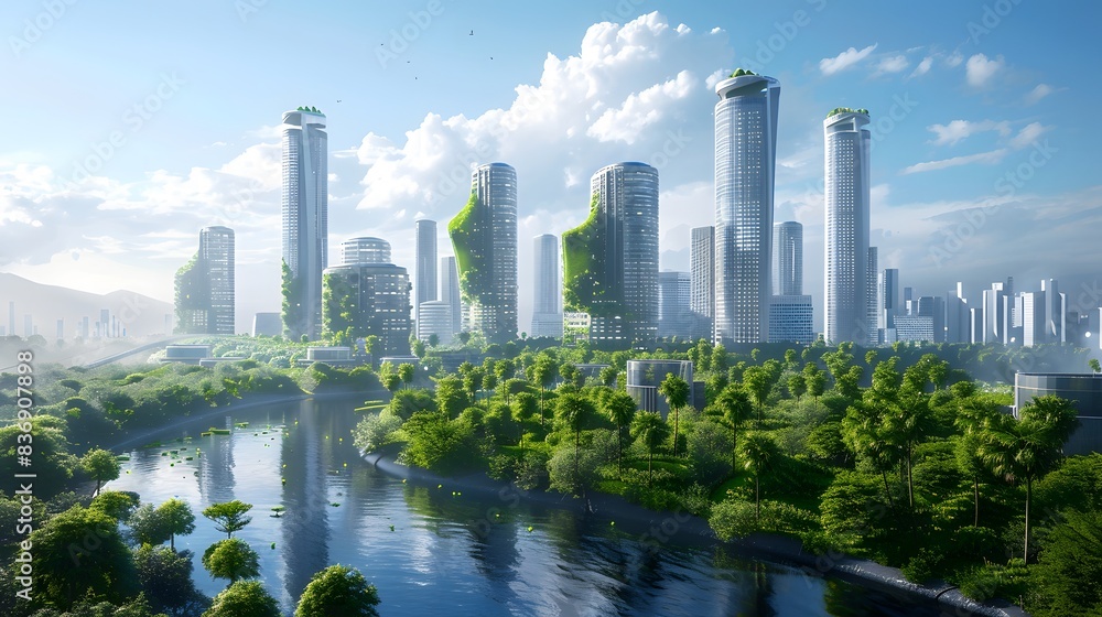Fototapeta premium A futuristic cityscape with skyscrapers and greenery, symbolizing the balance between urban development and environmental care.