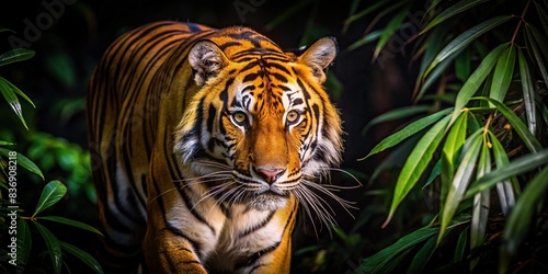 Bengal tiger stealthily stalking through the dark jungle at night photo