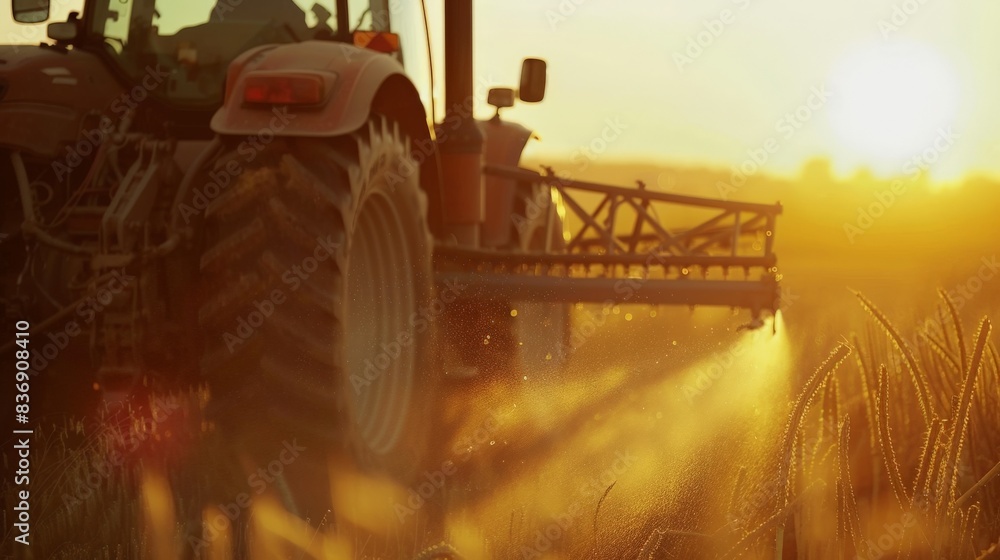 Fototapeta premium Close-up of a tractor spraying nutrients or pesticides on crops, with a soft sunset glow, complemented by infographics on sustainable farming practices and chemical usage.