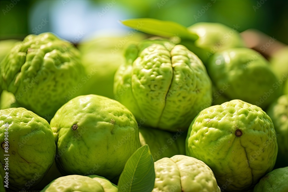 Fototapeta premium close up of guava fruit and water drops, generative ai