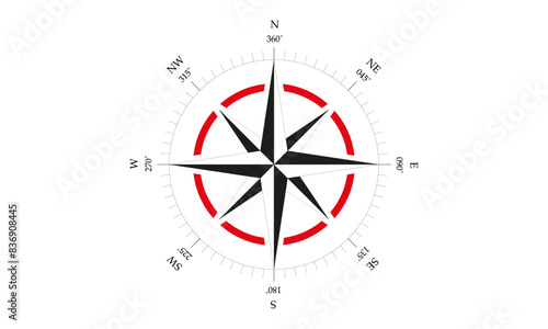 Black, white and red navigation symbol for orienteering. Map direction vintage compass. Ancient marine wind measure vector icon isolated. Old sea or ocean navigation compass for ocean or marine retro.