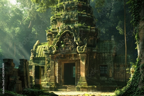 Enigmatic temple ruins bathed in sunbeams in a dense  tropical forest