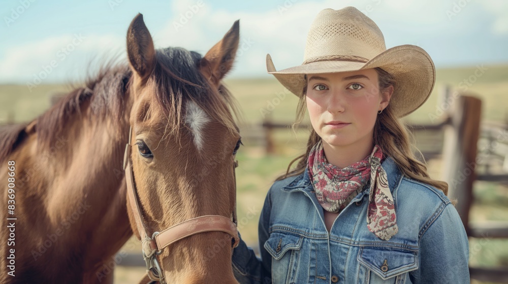 Portrait of a Cowgirl in Denim Jacket and Straw Hat Next to Horse in Ranch Setting Perfect for Western-Themed Designs, Prints, and Posters Portrait of a Cowgirl in Denim Jacket and Straw Hat Next to Horse in Ranch Setting Perfect for Western-Themed Designs, Prints, and Posters