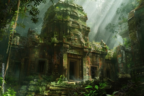 Mystical sunrise beams through overgrown ancient temple ruins in a lush forest