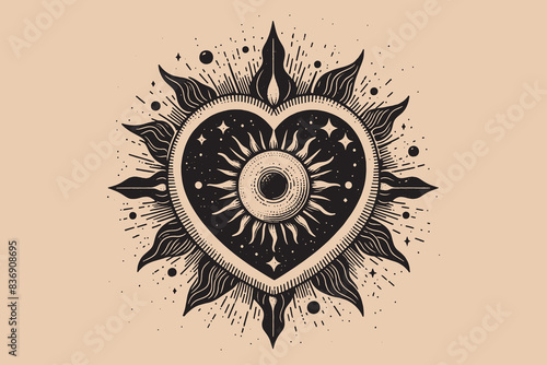 Sunny heart. The sun is inside the heart. Bright love. Isoteric, occult, magical vector illustration. vintage black engraving, emblem, logo. tattoo sketch, print