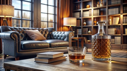 A bottle of whiskey and a glass on the table in front of a book in a modern luxury living room with vintage furniture