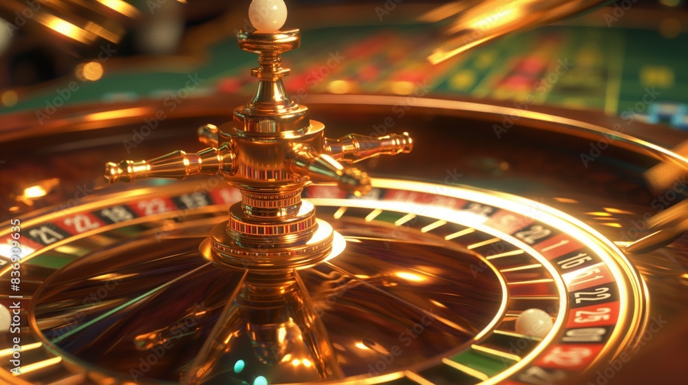 Close-Up of Spinning Roulette Wheel in Casino, Lucky Numbers, Gambling Concept, Casino Design for Print, Card, Poster. Close-Up of Spinning Roulette Wheel in Casino, Lucky Numbers, Gambling Concept, Casino Design for Print, Card, Poster.