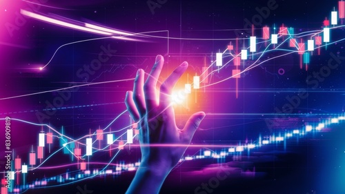 A hand, illuminated in a neon hue, reaching out towards a digital representation of a stock market chart.