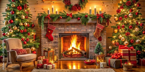 Cozy Christmas fireplace with festive decorations in a home interior