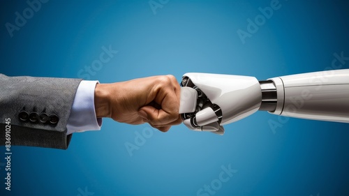 A human hand in a business suit making a fist bump with a robotic hand © Emqan