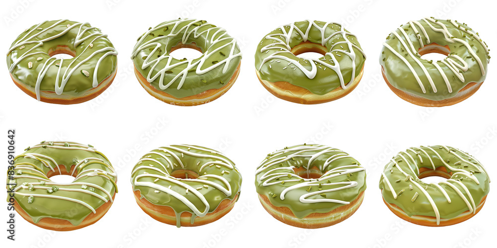 Set of Donut With Green Tea Frosting And White Drizzle isolated on transparent png background collection set . Generative ai Set of Donut With Green Tea Frosting And White Drizzle isolated on transparent png background collection set . Generative ai