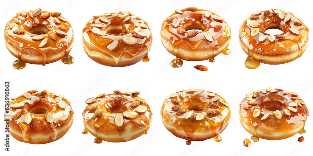Set of Donut With Honey Glaze And Almond Slices isolated on transparent png background collection set . Generative ai Set of Donut With Honey Glaze And Almond Slices isolated on transparent png background collection set . Generative ai