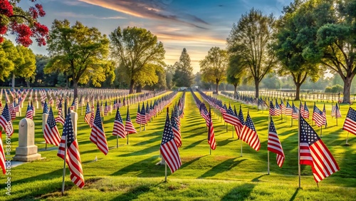 A serene cemetery in a peaceful park setting with rows of tombstones and American flags photo