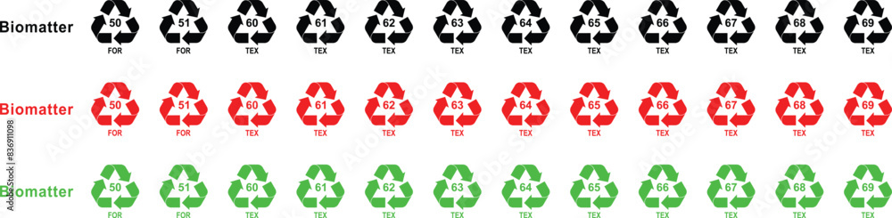 Recycling Bio-matter mark. FOR, TEX. Ecological recycling codes. Zero waste. Editable Colorful flat recycle icons. Mobius loop. Isolated on white background. Recycling Bio-matter mark. FOR, TEX. Ecological recycling codes. Zero waste. Editable Colorful flat recycle icons. Mobius loop. Isolated on white background.