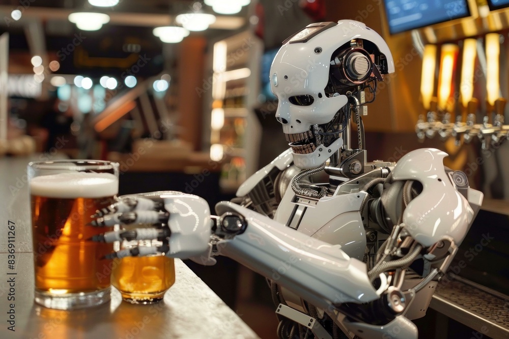 Advanced robotic arm pouring a pint of beer in a modern pub setting Advanced robotic arm pouring a pint of beer in a modern pub setting