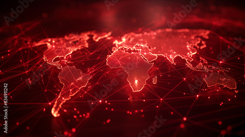Fototapeta Naklejka Na Ścianę i Meble -  Explore the red world map adorned with a captivating glow of the global network light.	