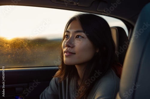 young asian woman looking through window in a car at sunset © alisaaa