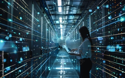 Hightech data center with woman using laptop and digital glowing blue lines connecting abstract cloud or virtual AI models to physical server equipment rows