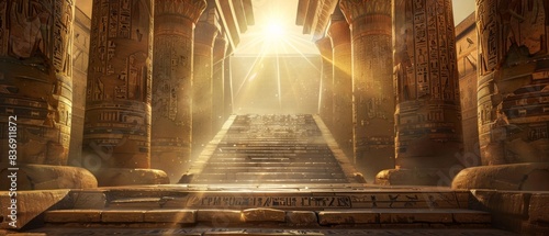 Description: Ultra-sharp vista of an Egyptian Temple passage with majestic stairs and intricate