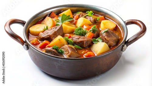 Delicious Tasty Beef meat and vegetables stew in pot, potatoes, carrots,, isolate, beef stew, vegetables, potatoes, carrots, delicious, tasty, homemade, rustic, comfort food, hearty, nutritious photo