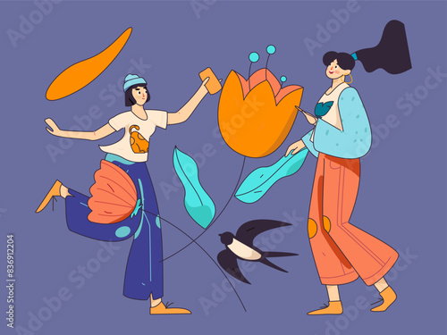 Vector flat illustration of characters in spring