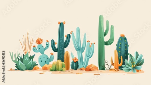 Illustration of various cactus plants in a desert landscape with colorful leaves, showcasing different species of succulent flora. photo