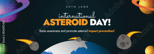 International Asteroid day cover banner stock illustration. 30th June Asteroid day social media post with earth globe, asteroid rocks from space. Vector stock illustration. Asteroid Awareness banner
