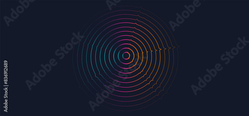 Circle Pattern with Lines Neon Vibration. Background Modern Abstract Signal Radar. Vector Illustration for Banner, Poster, Postcard, Brochure. 