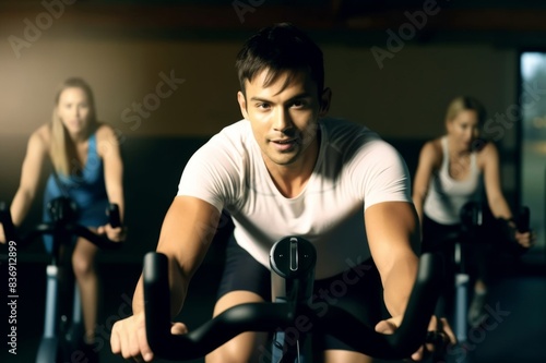 young people riding stationary bike during indoor cycling class in gym