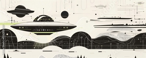 Stylish minimalist graphic celebrating world ufo day with futuristic ufos and abstract landscape