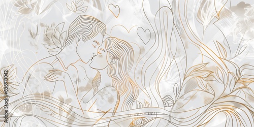 Elegant line art of a couple kissing with floral and heart motifs symbolizing love and affection